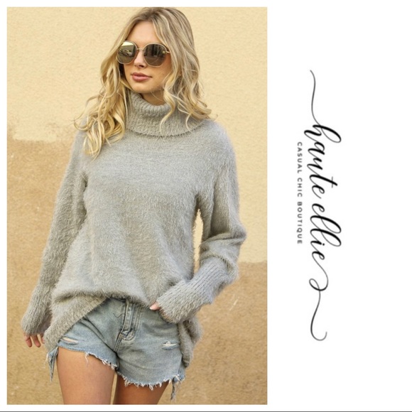 Haute Ellie Sweaters - Turtle Dove- Dove Gray Turtleneck Fluff Sweater